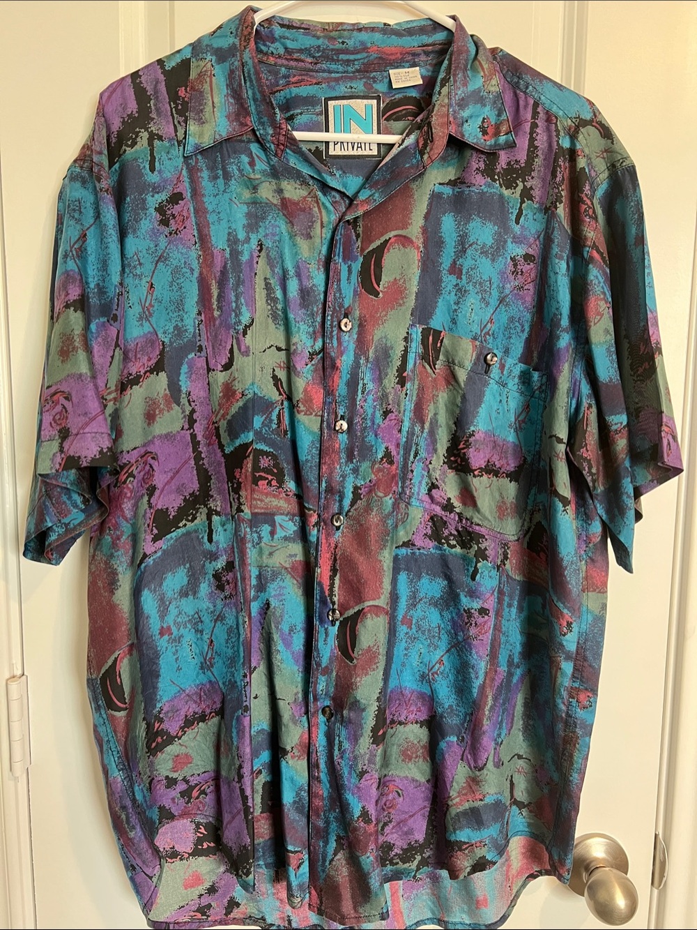 Men’s Short-Sleeve Button-Down Shirt — Teal & Purple Abstract